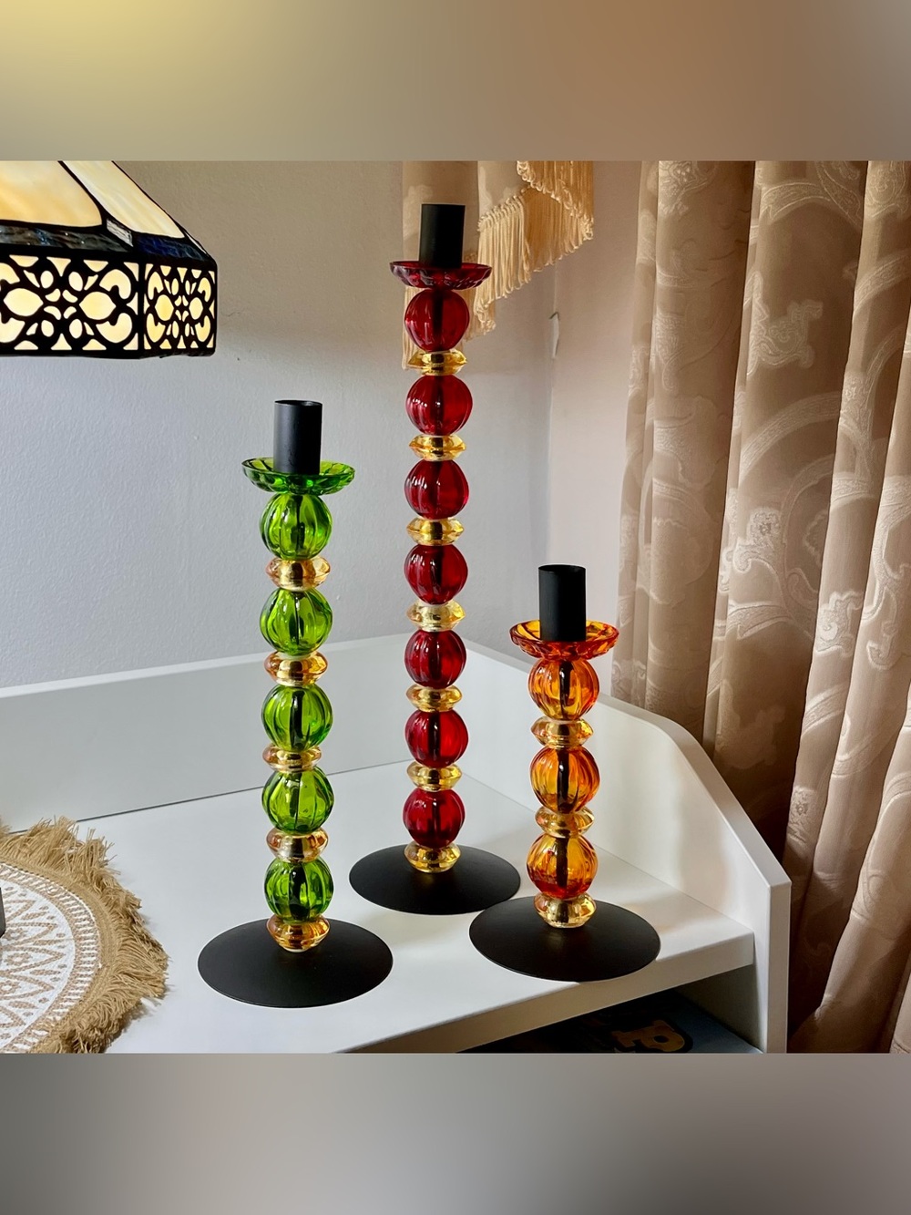 Gorgeous Set of 3 Colorful Glass Bubble Candlesticks - Green, Red, Amber